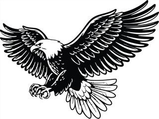 Majestic Bald Eagle Soaring, Wings Spread Wide, Black Ink Design