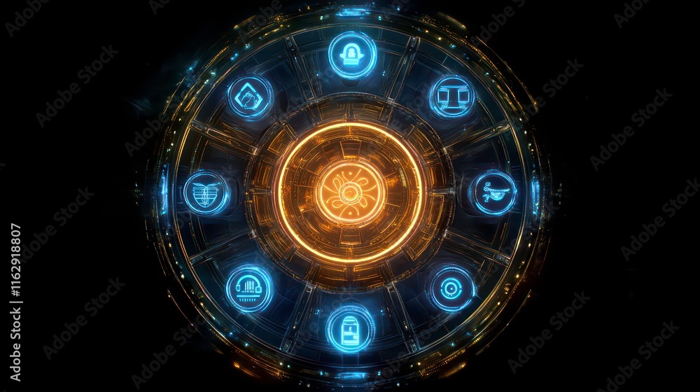 Poster abstract circular design with glowing symbols and intricate details.