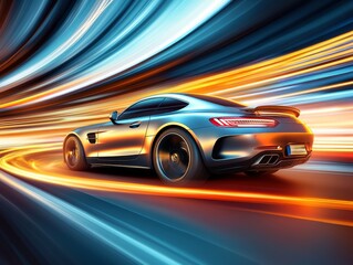 Naklejka premium A sleek sports car racing through vibrant light trails, showcasing speed and motion.