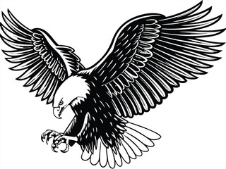 Majestic Bald Eagle Soaring, Wings Spread, Powerful Flight, Black Ink Drawing
