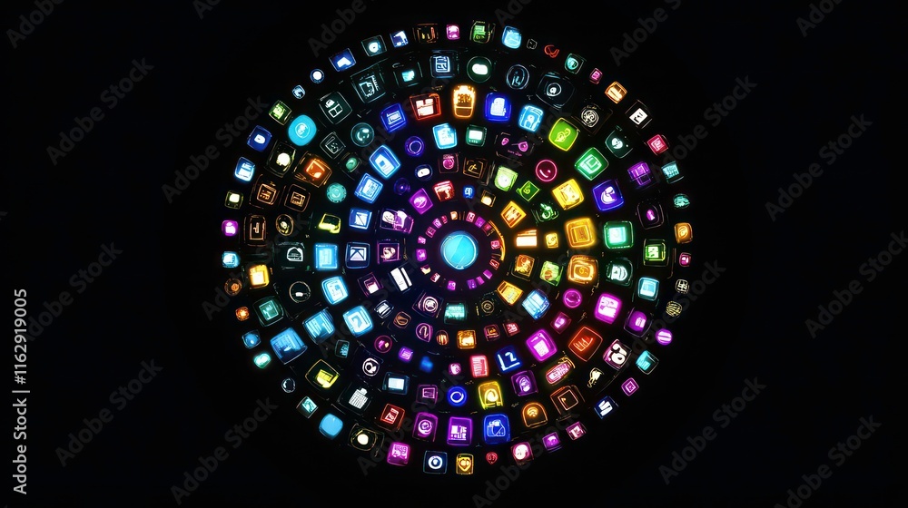 Fototapete Colorful app icons arranged in a circular pattern on a black background.
