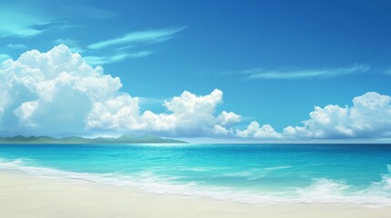 A serene beach scene with clear blue skies and gentle waves lapping at the shore.