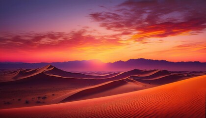 Naklejka premium A stunning desert landscape at sunset, showcasing golden sand dunes under vivid purple and red skies.