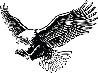 Majestic Bald Eagle Soaring, Wings Spread, Black and White