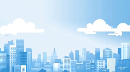 Obraz premium A stylized city skyline in blue tones with clouds, representing urban life and modernity.