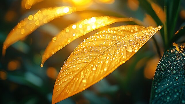 Golden Leaf Glistens With Morning Dew Drops