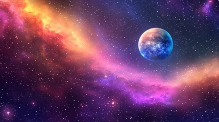 Obraz premium A vibrant cosmic scene featuring a colorful nebula and a distant planet.