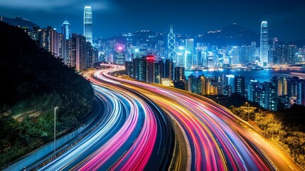 Fototapeta premium A vibrant night view of Hong Kong with illuminated skyscrapers and light trails on the road.