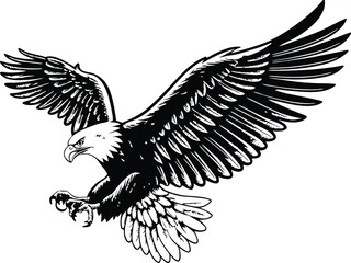 Majestic Bald Eagle Soaring, Wings Spread Wide, Black Ink Drawing