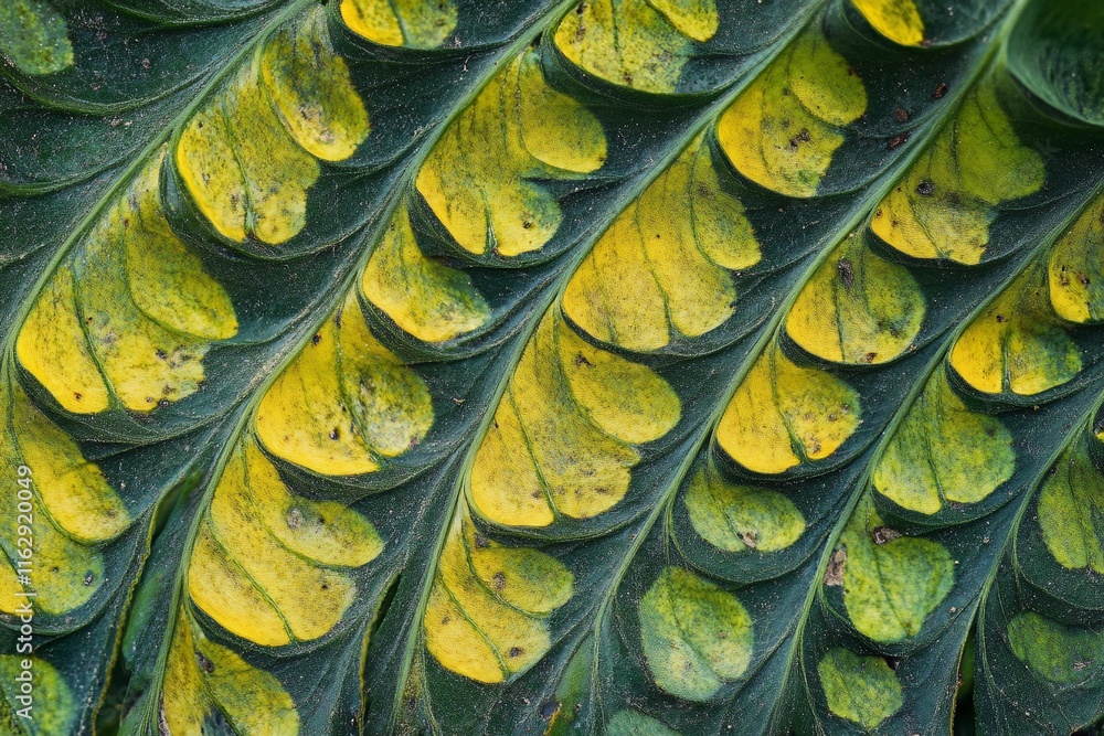 Poster close-up of a large leaf with intricate yellow and green patterns.