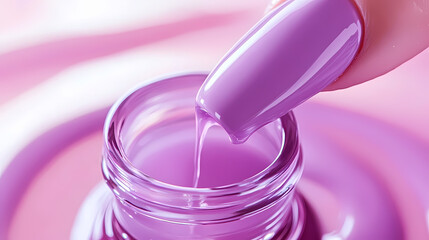 Close-up of lavender nail polish dripping from a brush into a jar, set against a soft pink background
