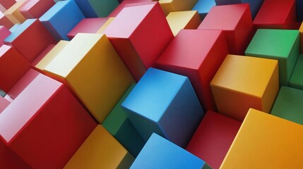 Obraz premium Abstract Colorful Cubes 3D Render: A vibrant composition of multicolored cubes forming a dynamic and visually striking abstract pattern, showcasing a playful interplay of geometric shapes and colors.
