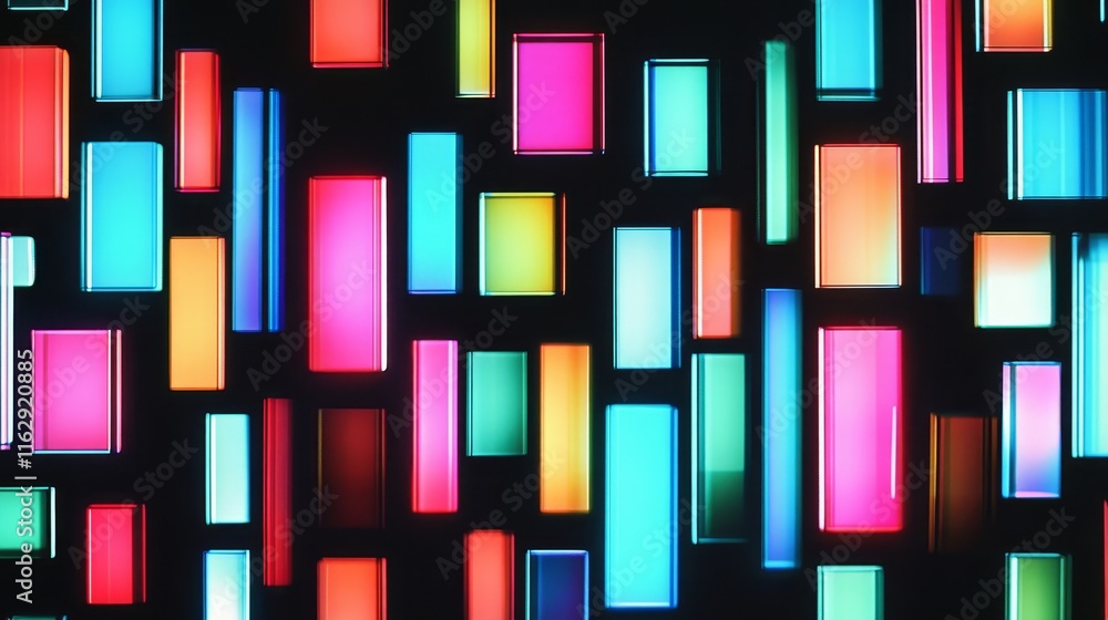 Poster a vibrant abstract design featuring colorful rectangular shapes on a dark background.