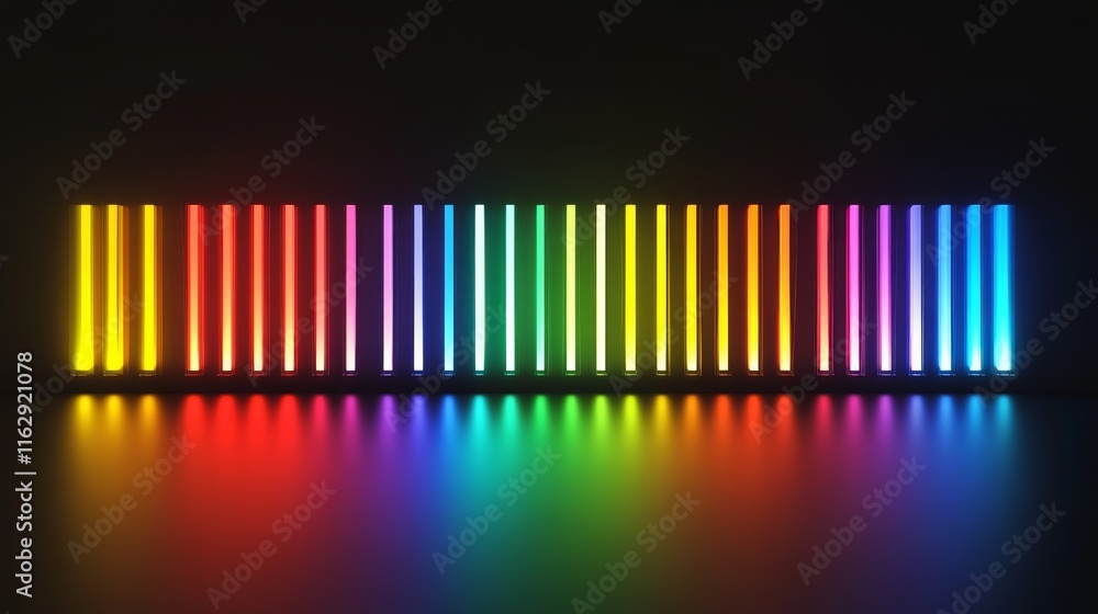 Poster a vibrant display of neon-colored bars arranged in a gradient pattern against a dark background.