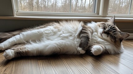 Fluffy cat relaxing on hardwood floor by window.