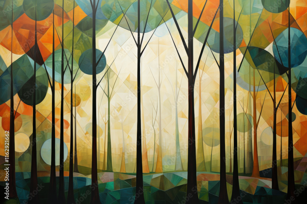 Poster a dreamy forest scene with layered trees and vibrant textures in abstract cubist or cubism style pai