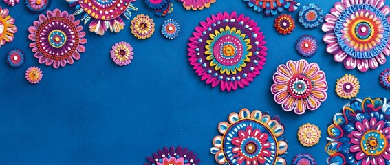 Vibrant colorful handmade paper flowers on blue background.