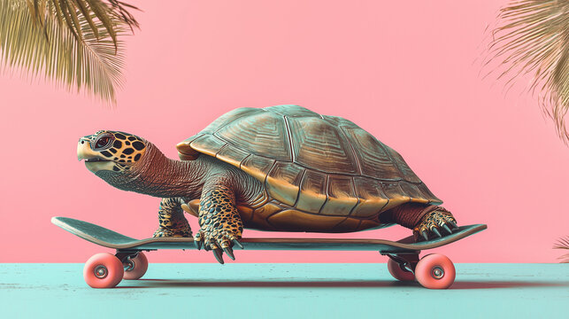 A playful turtle riding a skateboard in an urban setting