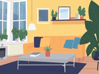A cozy living room with a bright yellow wall, plants, and modern furniture.