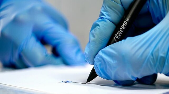 Doctor, writing and hands of notes with computer and medical research for muscular dystrophy in office