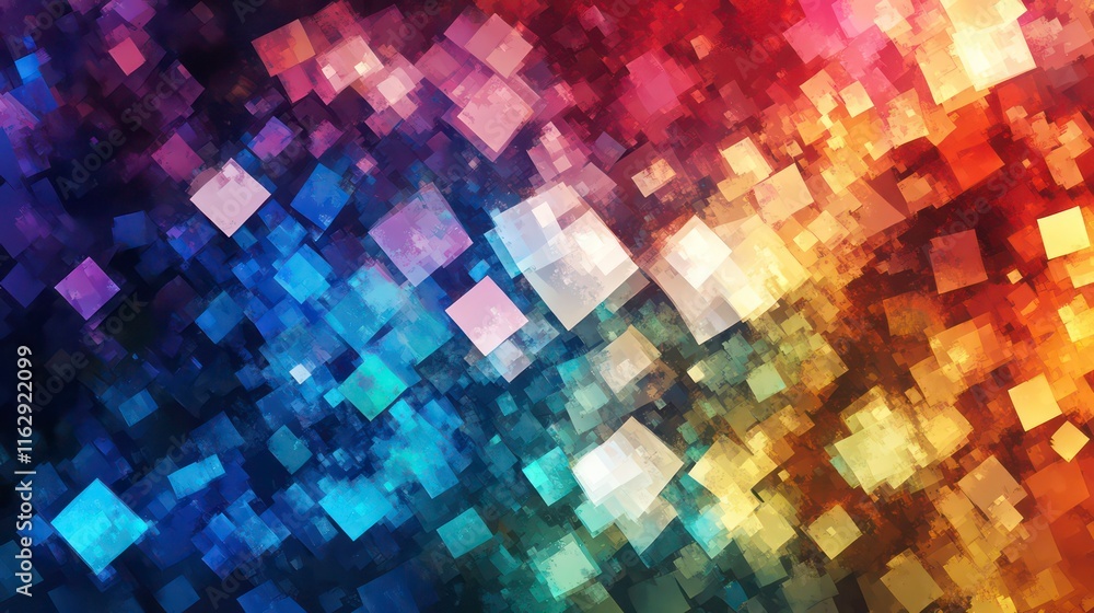 Poster a colorful blend of digital fragments creating an abstract glowing pattern.