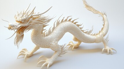 Fototapeta premium A close-up of a Chinese dragon statue on a white wall with dragon-like features, blending elements of a reptile such as a lizard or gecko, with a brown and green color scheme