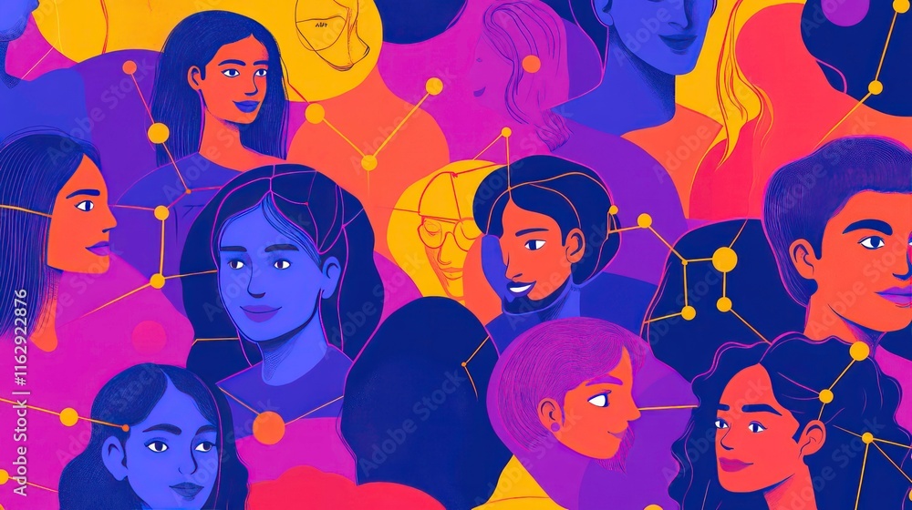 Poster a colorful illustration of interconnected faces representing friendship and social networking among 