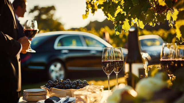 A billionaire hosts an exclusive wine-tasting event in a picturesque vineyard, surrounded by luxury cars and elegantly dressed guests, creating an atmosphere of sophistication and indulgence.