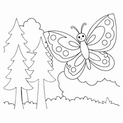  butterfly flying in the forest coloring book vector