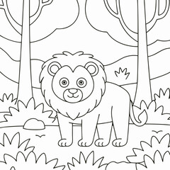 lion in forest coloring book vector design
