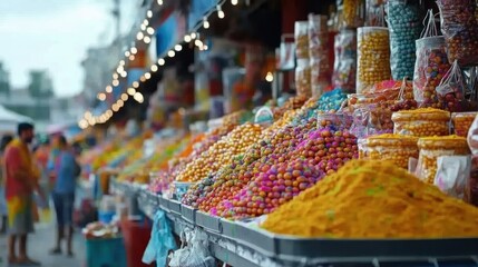 Vibrant Holi festival colors vendors showcasing their goods