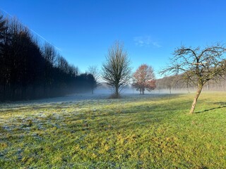 Landschaft im Winter mit Nebel und Strahl blauem Himmel 