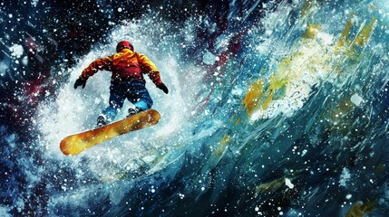 Fototapeta premium Snowboarder performs an impressive jump amidst a spray of snow in a winter landscape