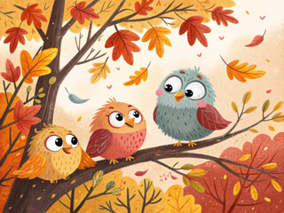 Cute cartoon birds on branches in autumn illustration