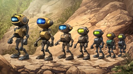 Group of small robots walking on a rocky path in a lush green landscape during daylight