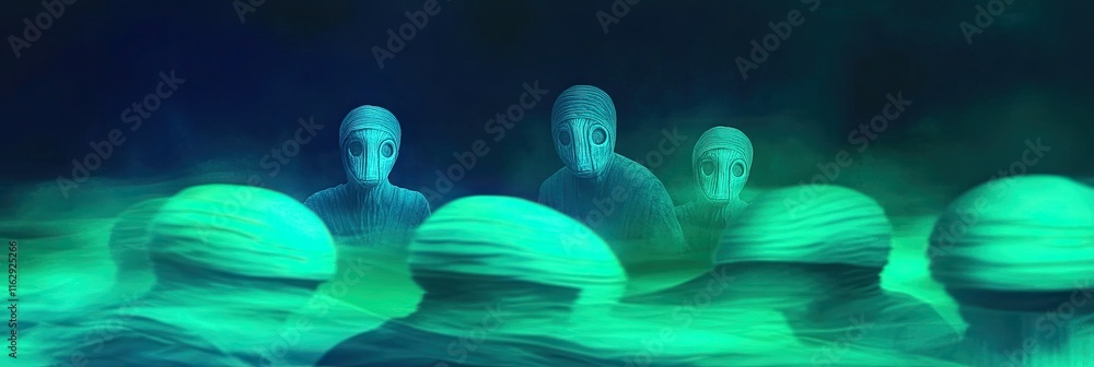 Poster strange gathering of alien beings in a mystical city immersed in glowing green fog
