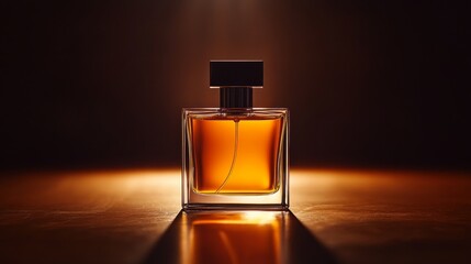 A glass perfume, mockup bottle illuminated against a dark background, showcasing its rich amber liquid.