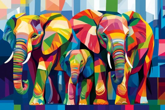 Abstract colorful illustration of elephants. Ai generative art
