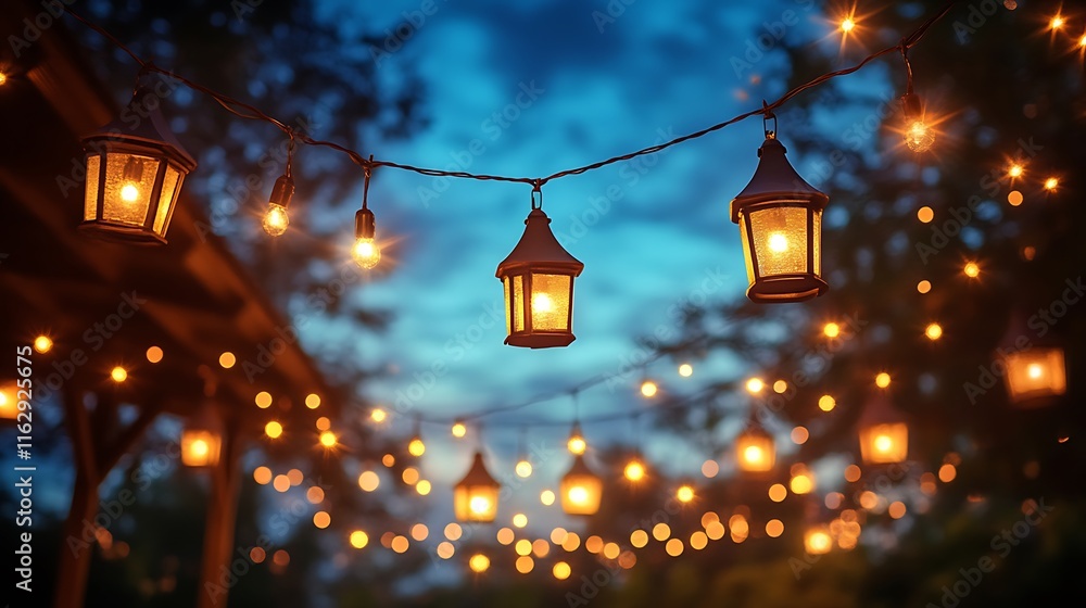 Poster illuminated lanterns and string lights adorn evening sky