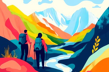 Fototapeta premium Abstract illustration of couple hiking in the mountains. Ai generative art