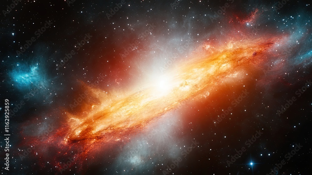 Poster journey through the cosmic void revealing the vibrant glow of a distant galaxy in endless space