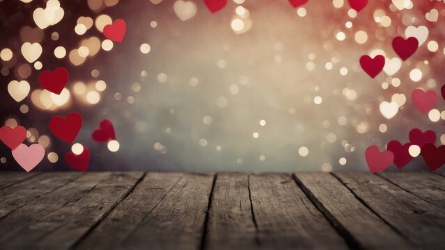 Pink and red hearts bokeh border frame with rustic wood board surface mockup background