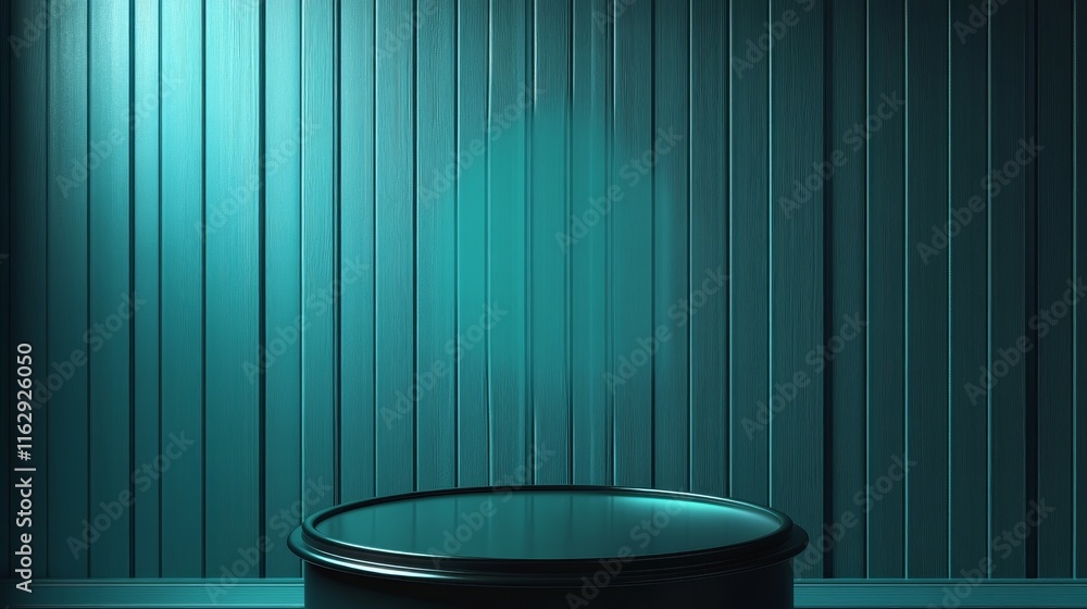 Aufkleber a minimalistic display setting with a circular platform against a teal wall.