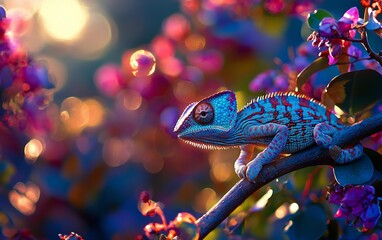 Colorful chameleon perched on a branch among vibrant flowers during sunset in a tropical garden