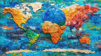 Naklejka premium Colorful crumpled paper world map art.