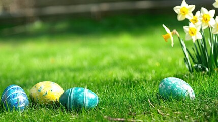 Beautifully Decorated Easter Eggs Resting on Fresh Green Grass With Blooming Daffodils Nearby