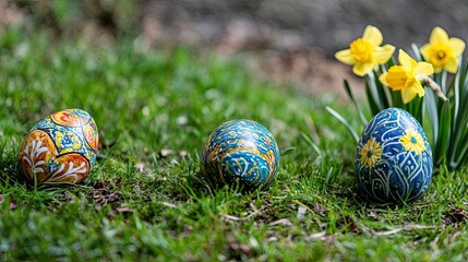Colorful Easter Eggs Resting in Lush Green Grass Beside Blooming Daffodils Under the Spring Sun