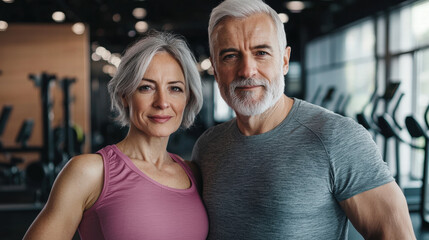 Fototapeta premium A middle-aged couple with salt-and-pepper hair, dressed in workout gear, standing confidently in a gym setting, with fitness equipment visible in the background