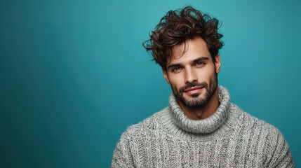 Obraz premium Handsome man with a gentle expression, and a cozy sweater, captured against a vibrant teal-blue background