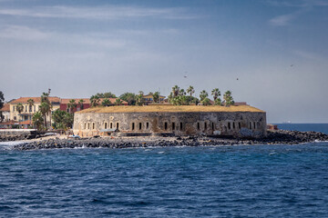 Photo of Fort d'Estrées on Goree Island from the sea in Dakar, Senegal on a sunny day